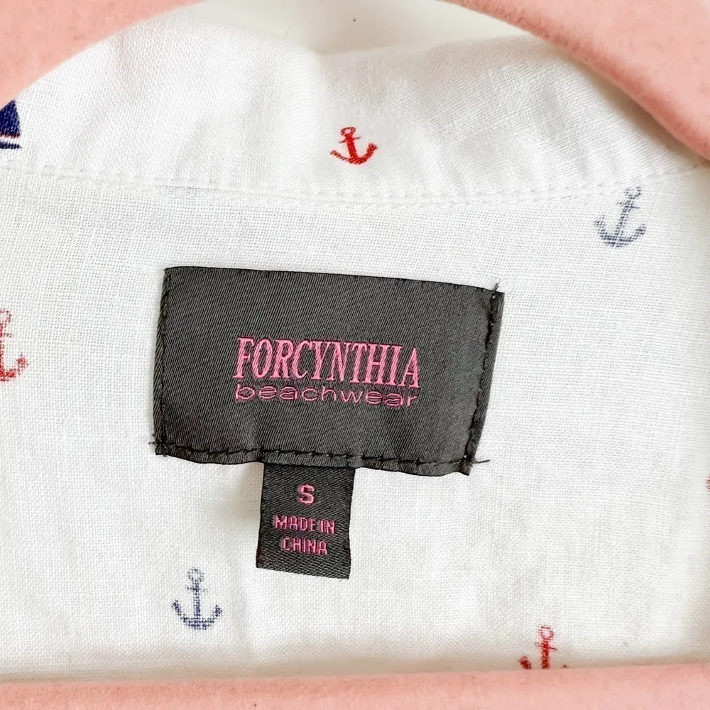 For cynthia White Linen Nautical Anchor Print Collared Beach Tunic Top sz Small - Image 8