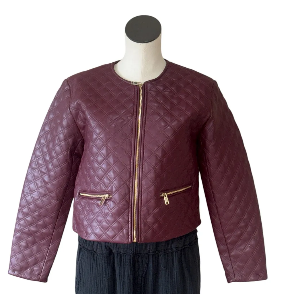 NWT Jason Wu Women's Quilted Faux Leather Zip Front Jacket Wine / Burgundy XS - Image 4
