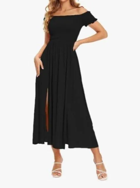 NEW Boho Black Off Shoulder Split A Line Midi Dress L Size L - Image 3
