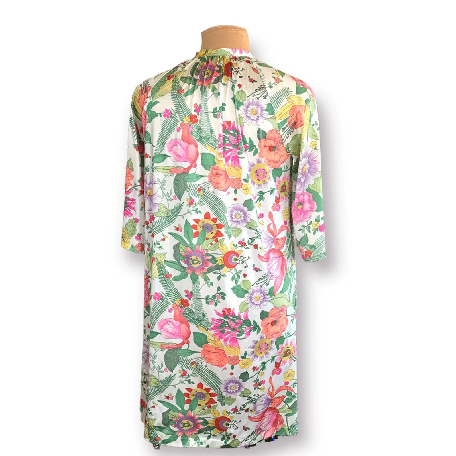 1960s Vanity Fair Floral Nylon Patio Dress Tie Neck Long Sleeve Mod Lounge Dress - Image 3