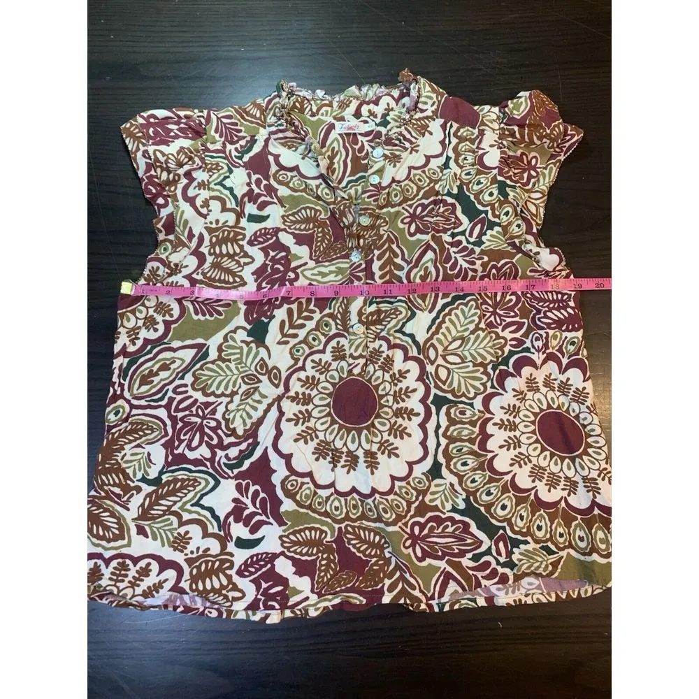Faherty Boho Peasant Cottage Ruffle Top Womens Medium Floral Henley Cap Sleeve‎ - Image 7