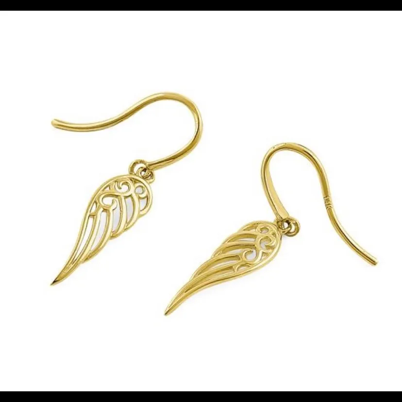 14K Yellow Gold Angel Wings Dangle Earrings - Image 2