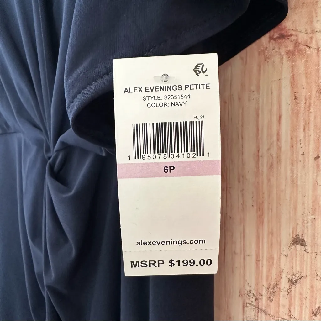 Alex Evenings Embellished Ladder Sleeve Draped Knot Front Gown Navy Blue Size 6P - Image 10