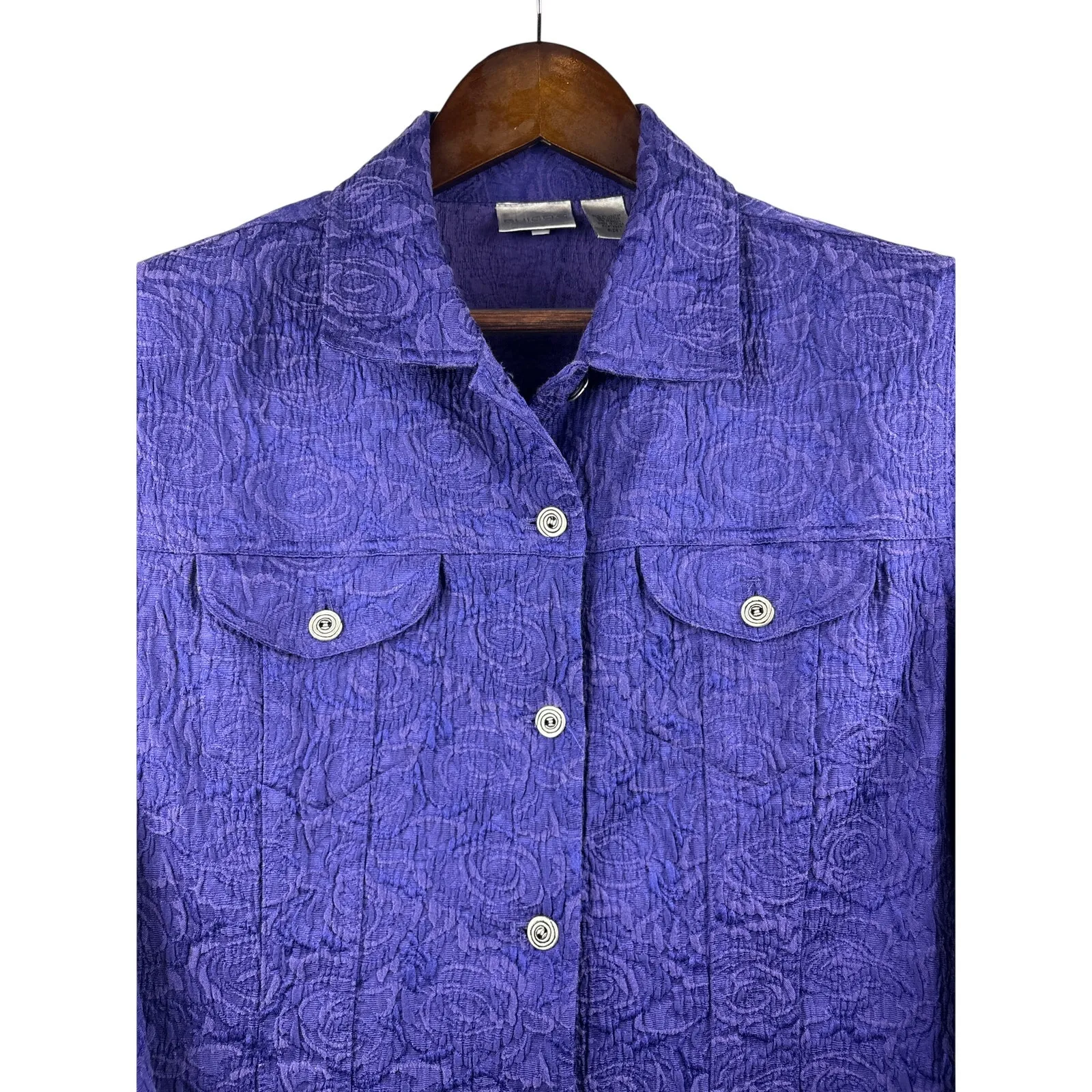 Women’s Chico’s Size 1 Royal Purple Rose Patterned Button Up - Image 2