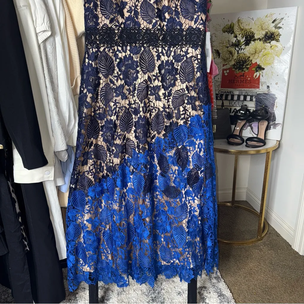 Theia Ultramarine Lace Midi Dress With Nude Lining Womens 14 New NWT Blue - Image 5