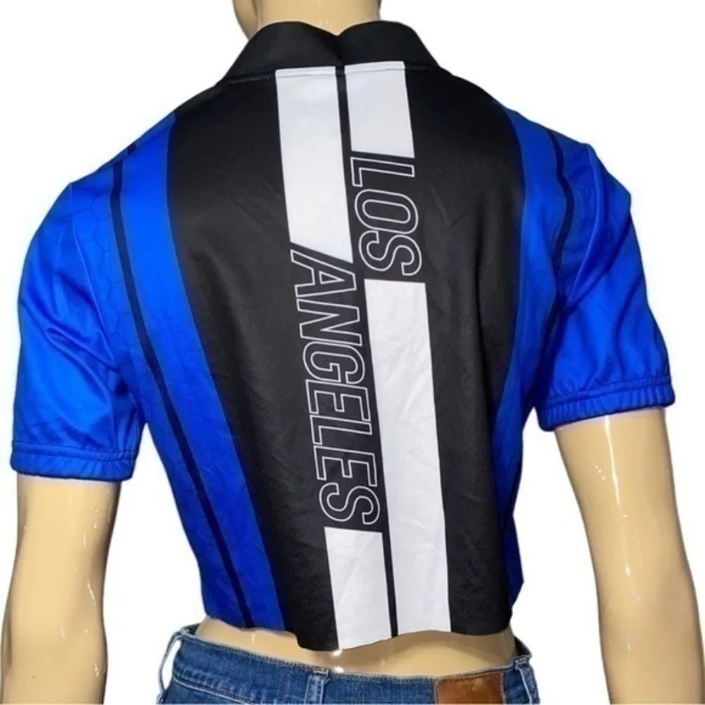 LF  the Brand Women’s Size XS Blue Black White Cropped Football Themed Shirt Top - Image 4