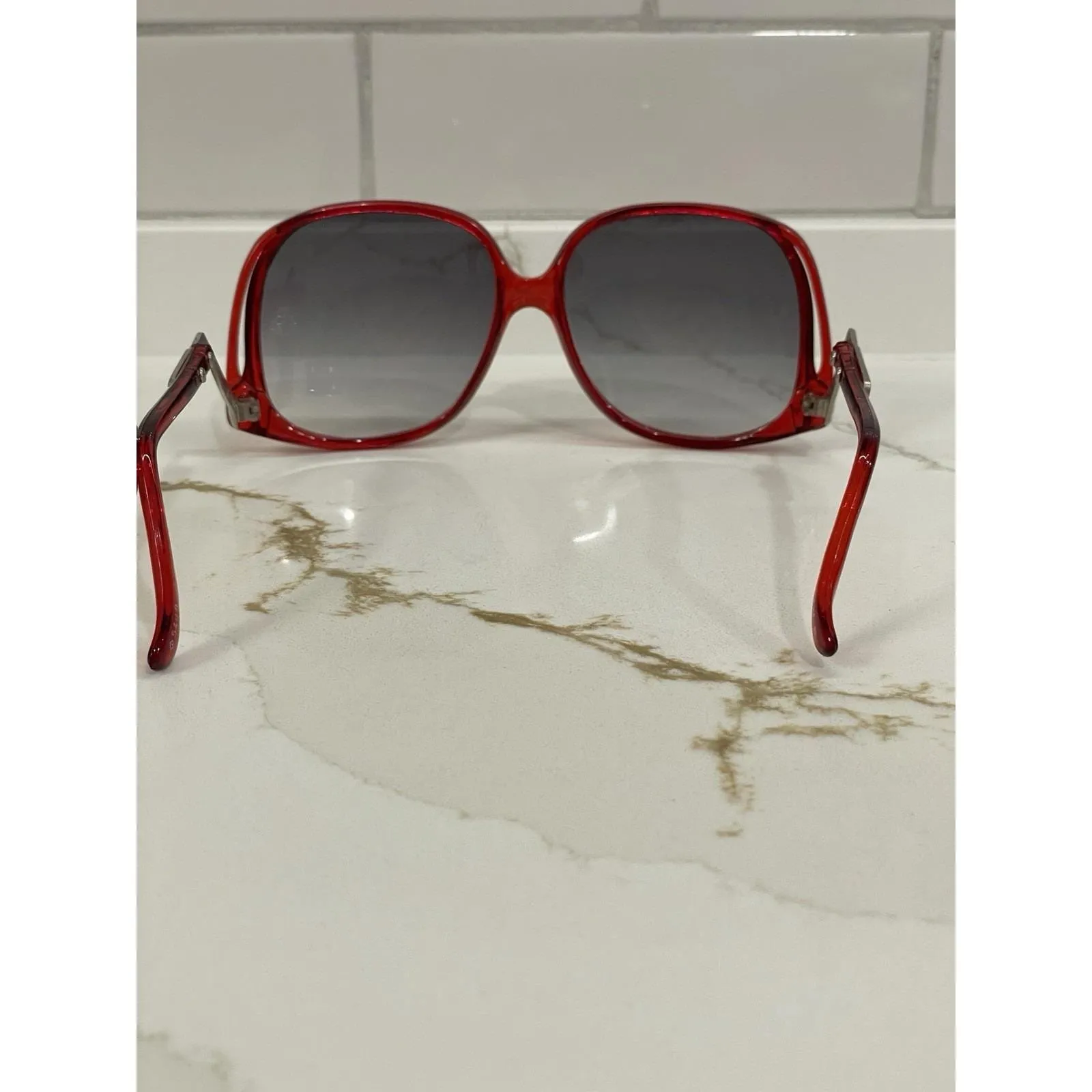 Vintage Oversized Sunglasses Red Angled Frame Retro Plastic Metal Square Case - Image 5