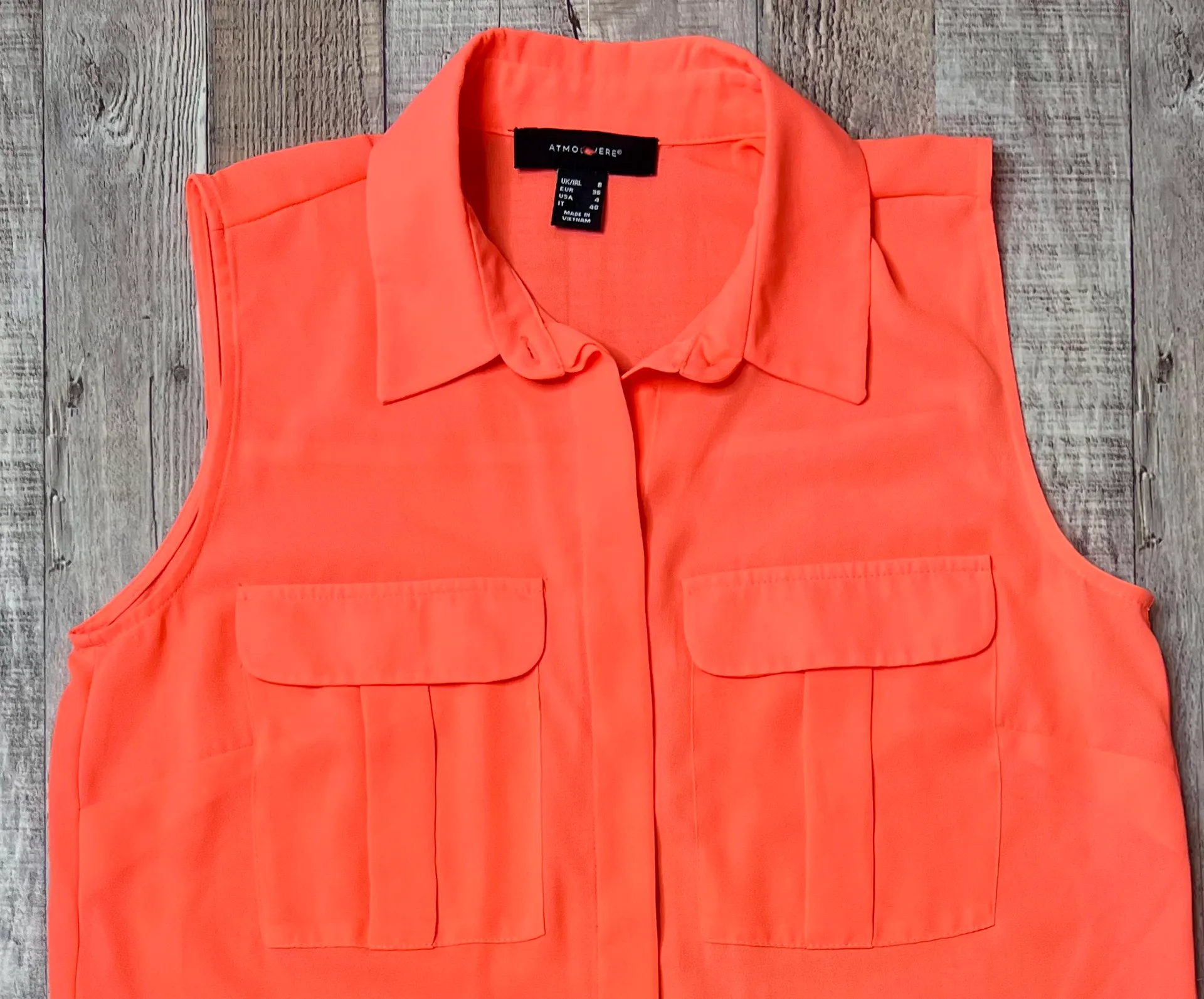Neon Orange Chiffon Collared Blouse Flap Pockets sz 4 - Image 5