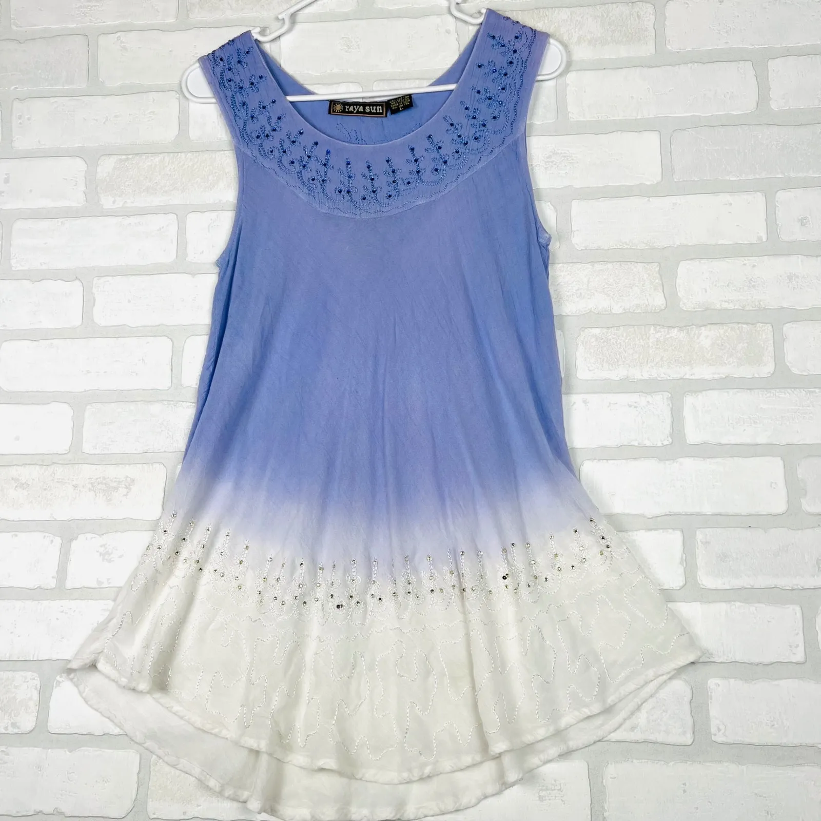 Raya Sun Blue Ombre Boho Sleeveless Tunic Top with‎ Embellished Detail Size L - Image 14