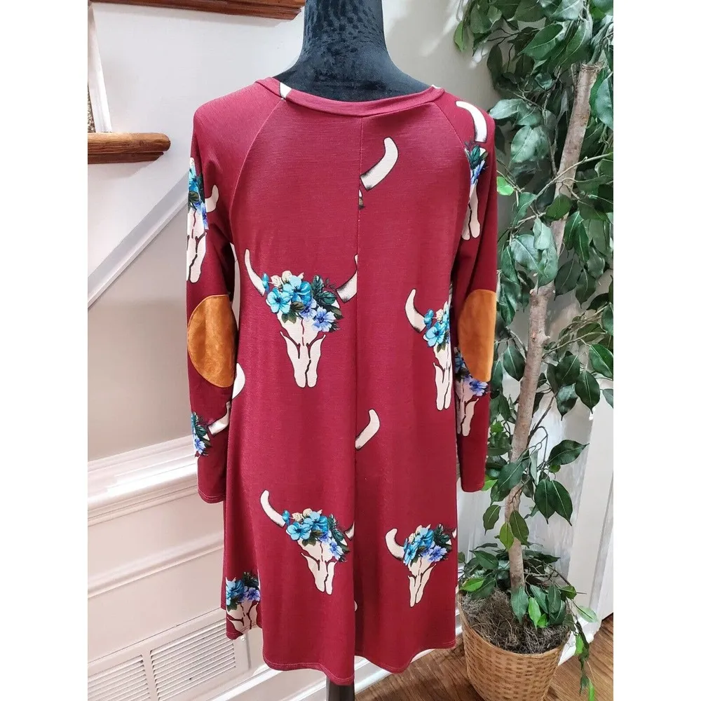 Maroon Floral Polyester Round Neck Long Sleeve Knee Length Pockets Dress Small - Image 6
