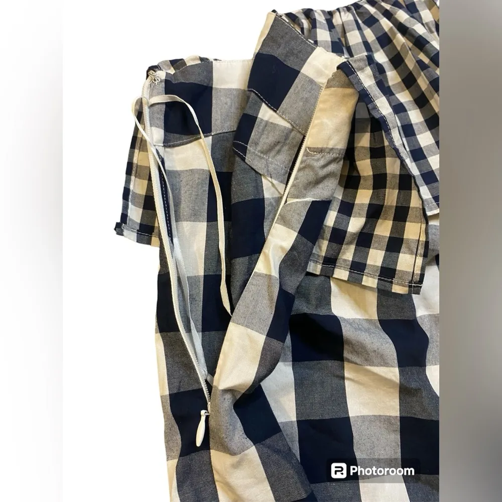 J. Crew White and Navy Gingham Ruffle One Shoulder Blouse - Image 6