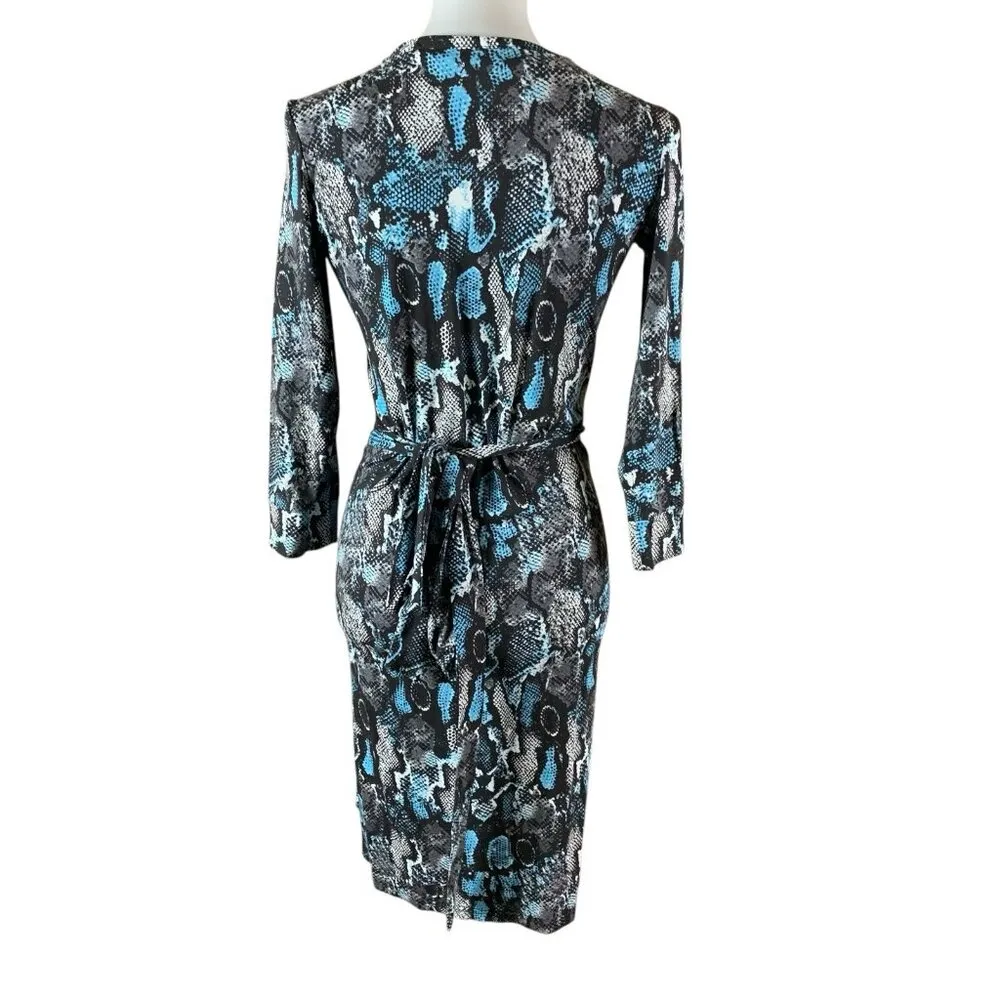 Felicity And Coco Snakeskin Print‎ Wrap Dress Long Sleeve Blue Gray Small Career - Image 3