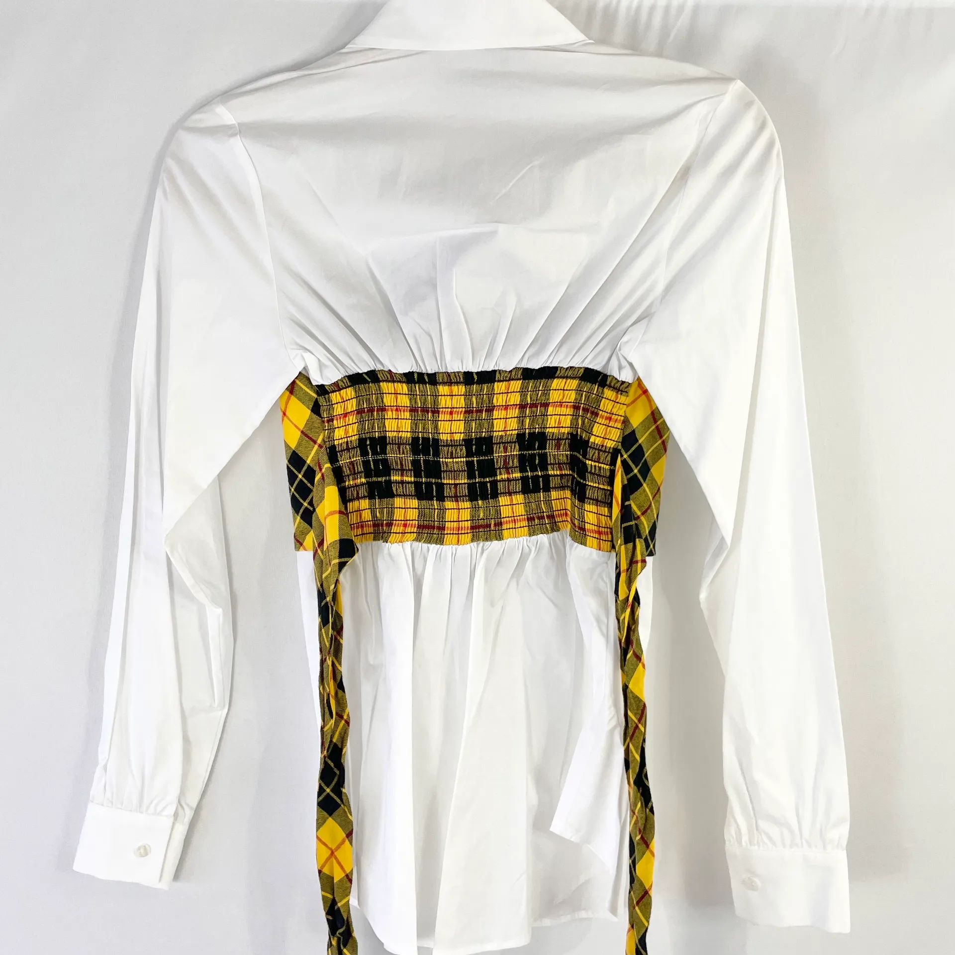 New  Plaid Bodice Overlay Button Down Shirt Monroe Yellow White - Image 12