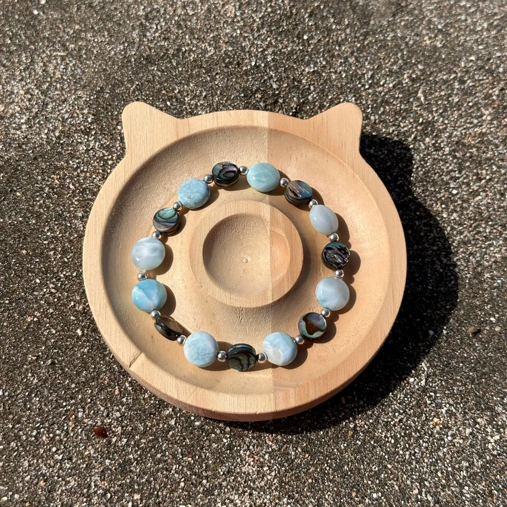 Larimar & Abalone Coin Bracelet Sterling Silver 8mm Beaded Handmade in Maui - Image 5