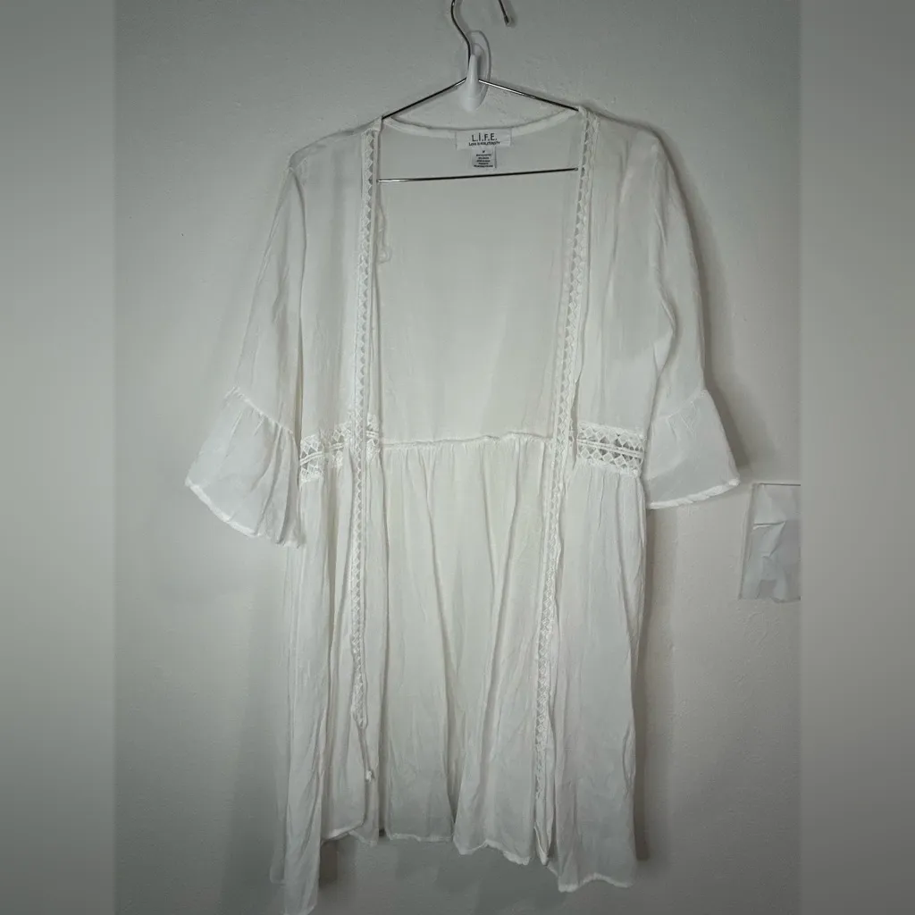 LIFE Love Is For Eternity White Boho Kimono Cover Up Cardigan Crochet Trim Med - Image 2