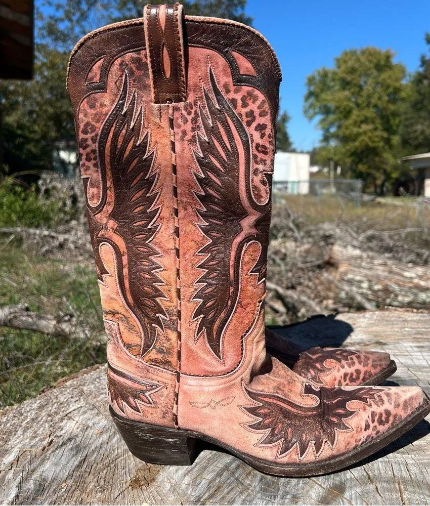 Old Gringo Eagle Distressed Pink Leather Western Boots Leopardito Cowgirl 6.5 - Image 3