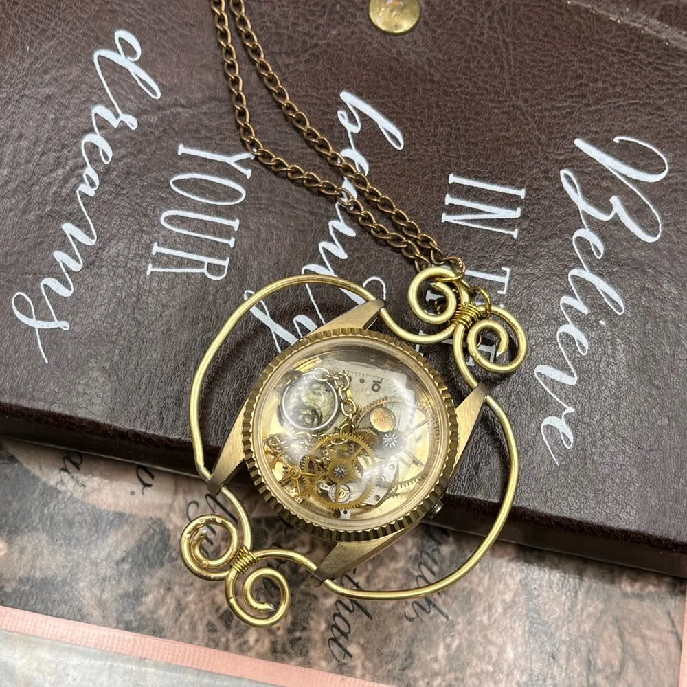 Vintage Bulova Golden Steampunk Wire Wrapped Watch Necklace - Image 7