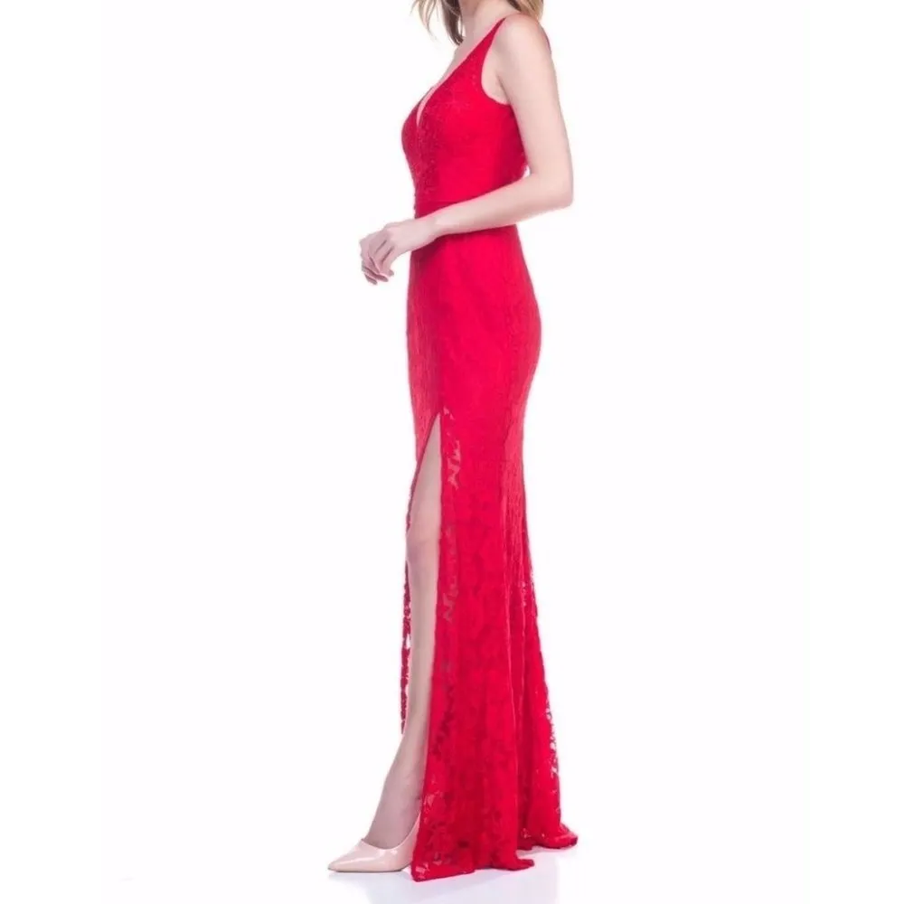 Maniju Lace Sleeveless High Slit V-Neck Maxi Gown Red Size Large NWT - Image 3