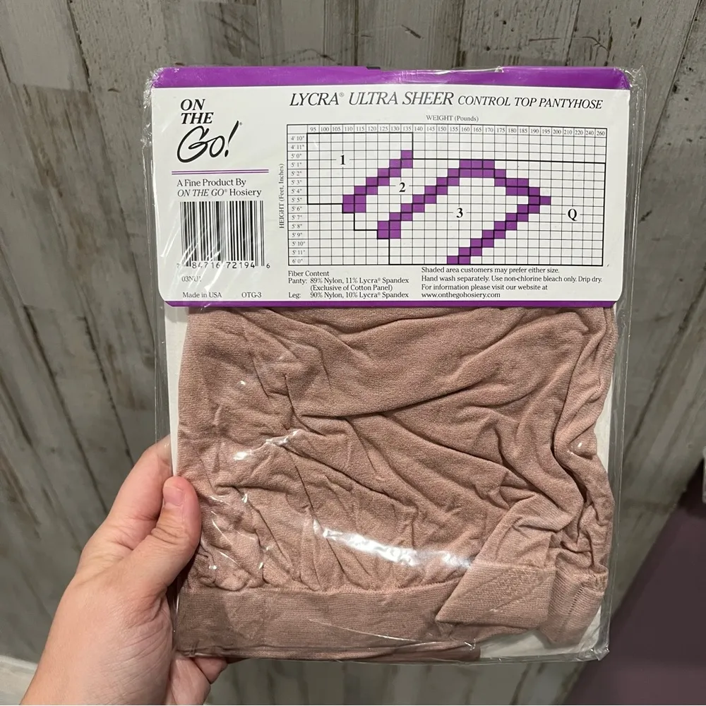 New! On The Go! Lycra Ultra Sheer Pantyhose Size 1 Control Top Nude Made USA Tan - Image 3