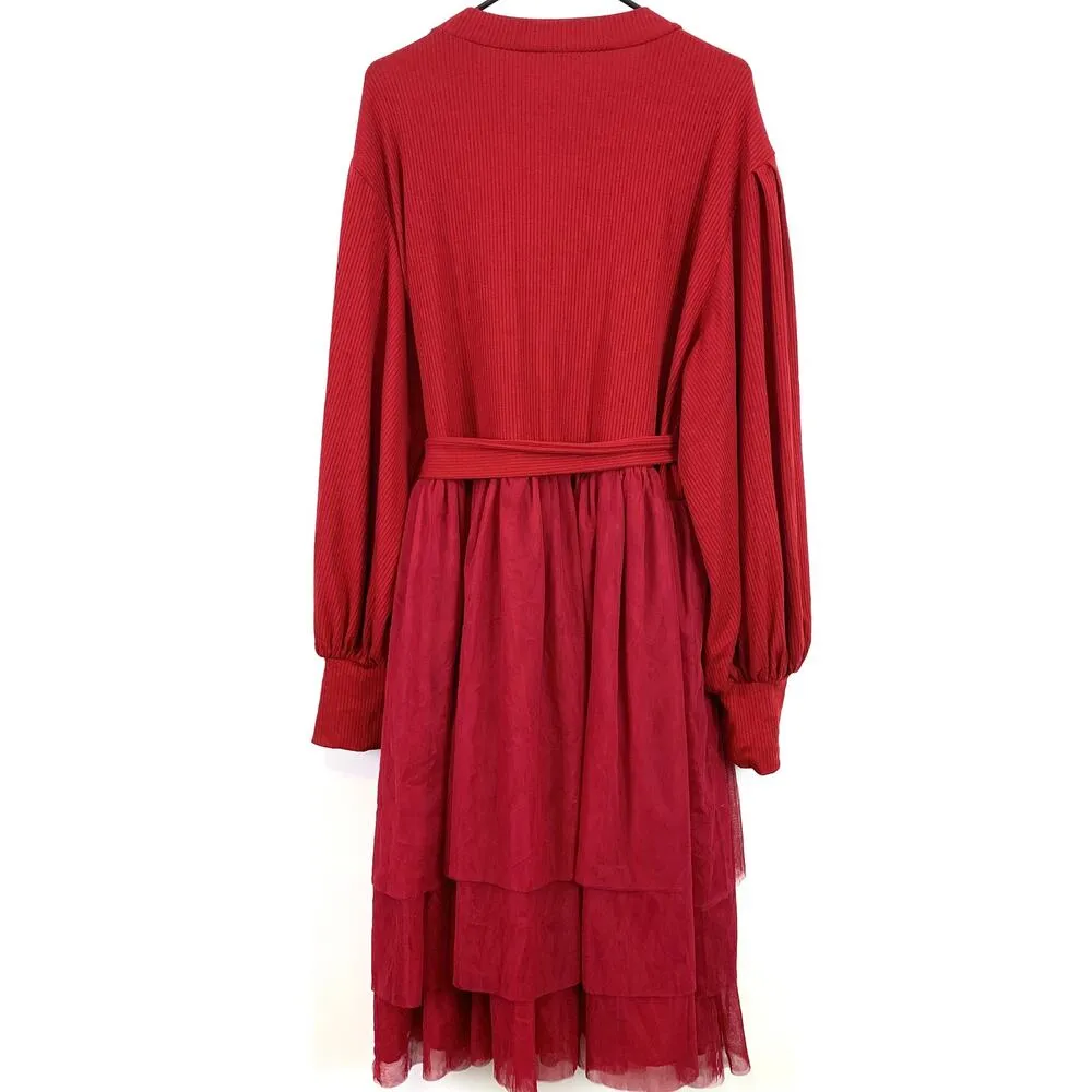 Ivy City Co Cosette Knit Long Balloon Sleeve Tiered Tulle Short Dress Red 4X - Image 7