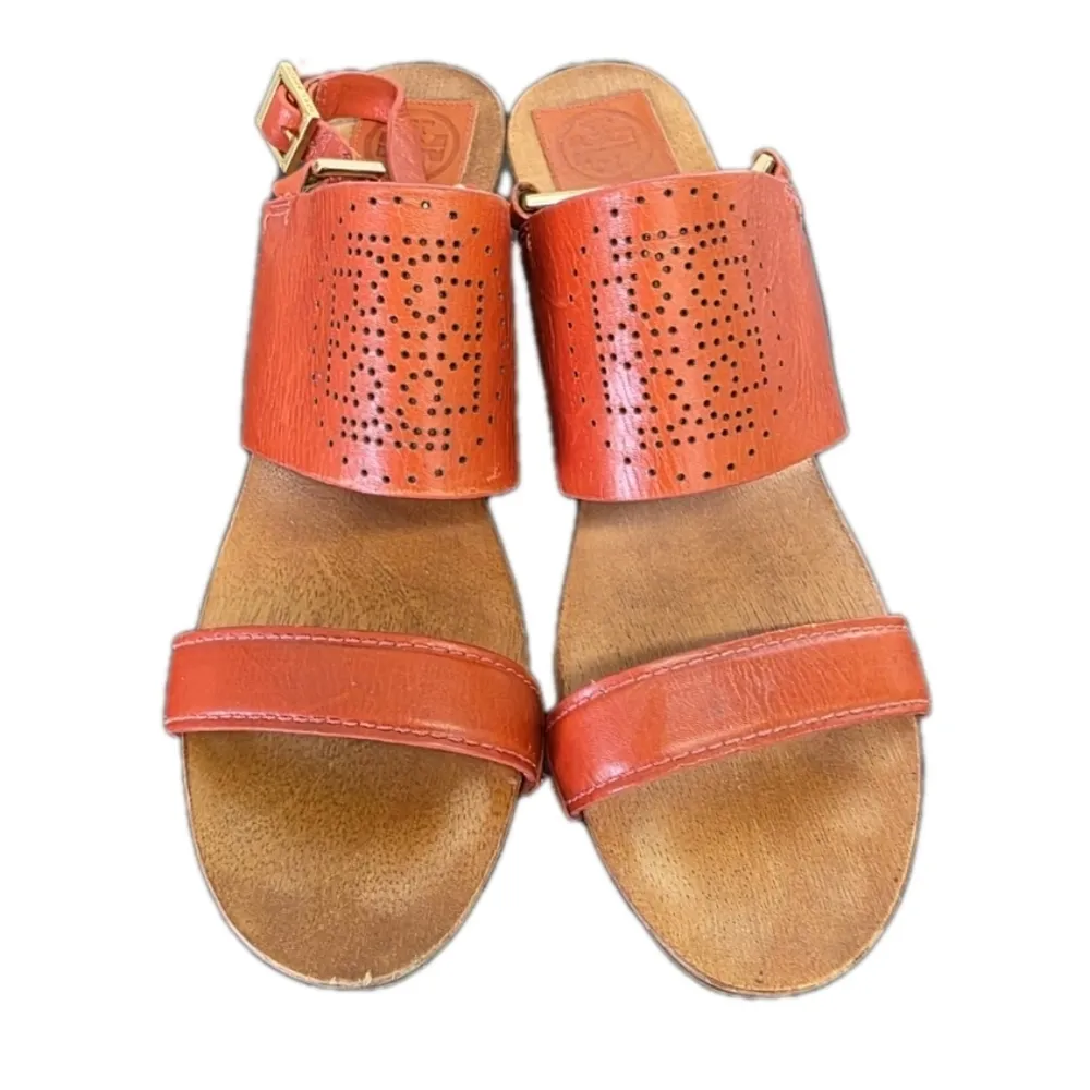 Tory Burch Womens Orange Gold  Leather Wooden Wedge Sandals Size 9 Boho TN Vols - Image 2