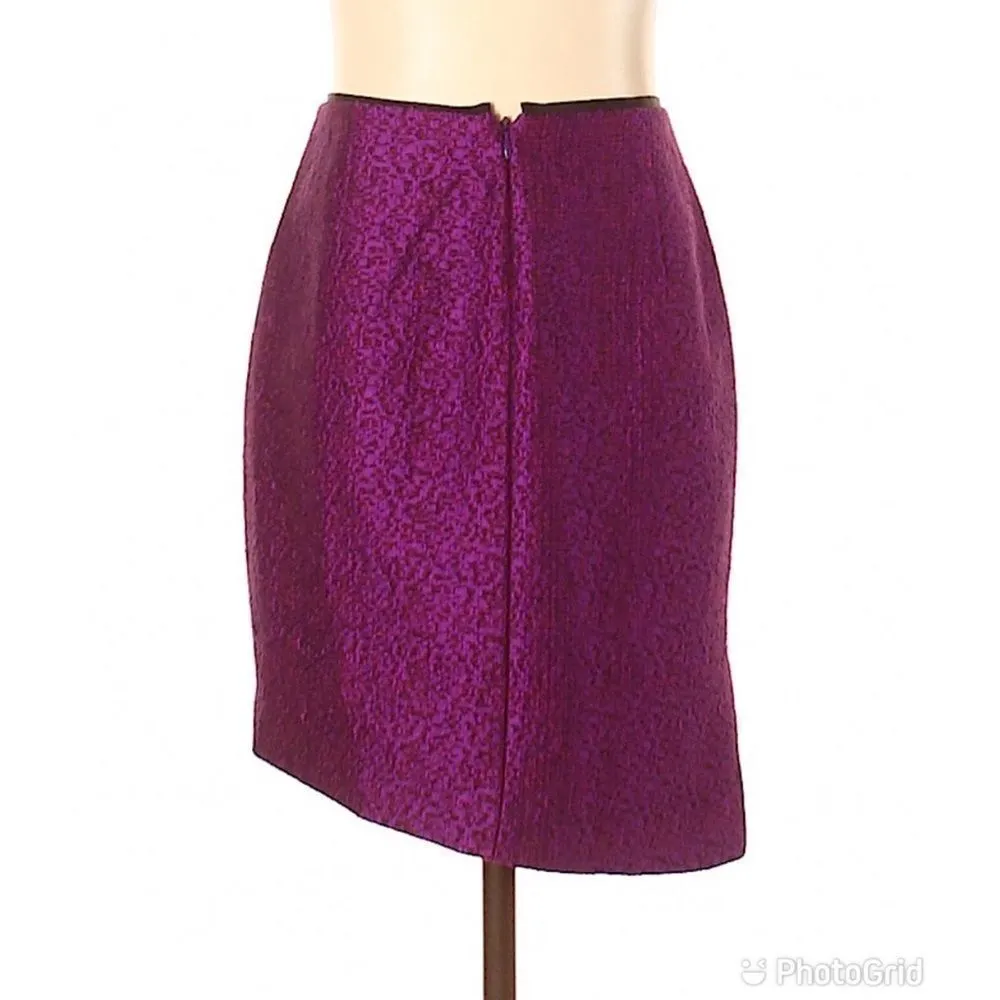 ELIE‎ TAHARI Purple Metallic Tweed Pencil Skirt Mini Wool Asymmetrical Size 2 - Image 2
