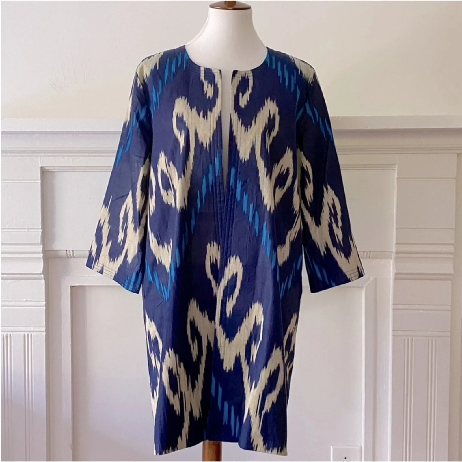 Womens Jacket Large Shacket OS Duster Boho Kimono Bohemian Ikat RARE Art to wear Blue - Image 7