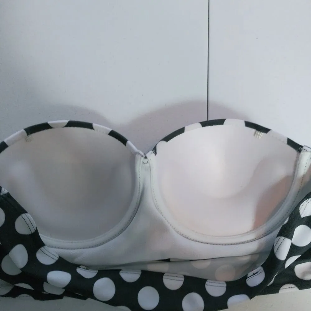 Retro Black White Polka Dot Red Ruched High Waisted Swimsuit Bikini Set M Size M - Image 10