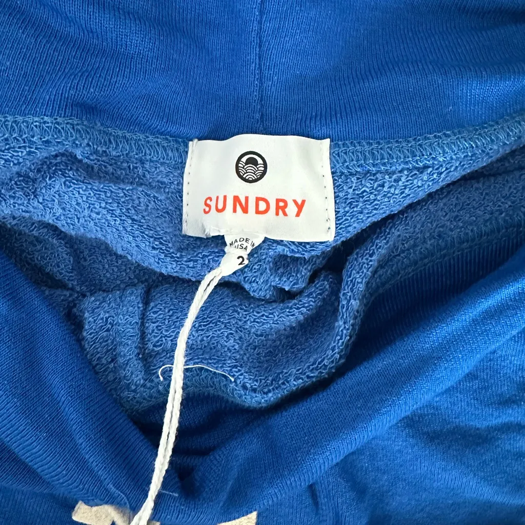 NWT Anthropologie Sundry Cut Off High Waisted Blue Lounge Shorts in Green Stripe - Image 3