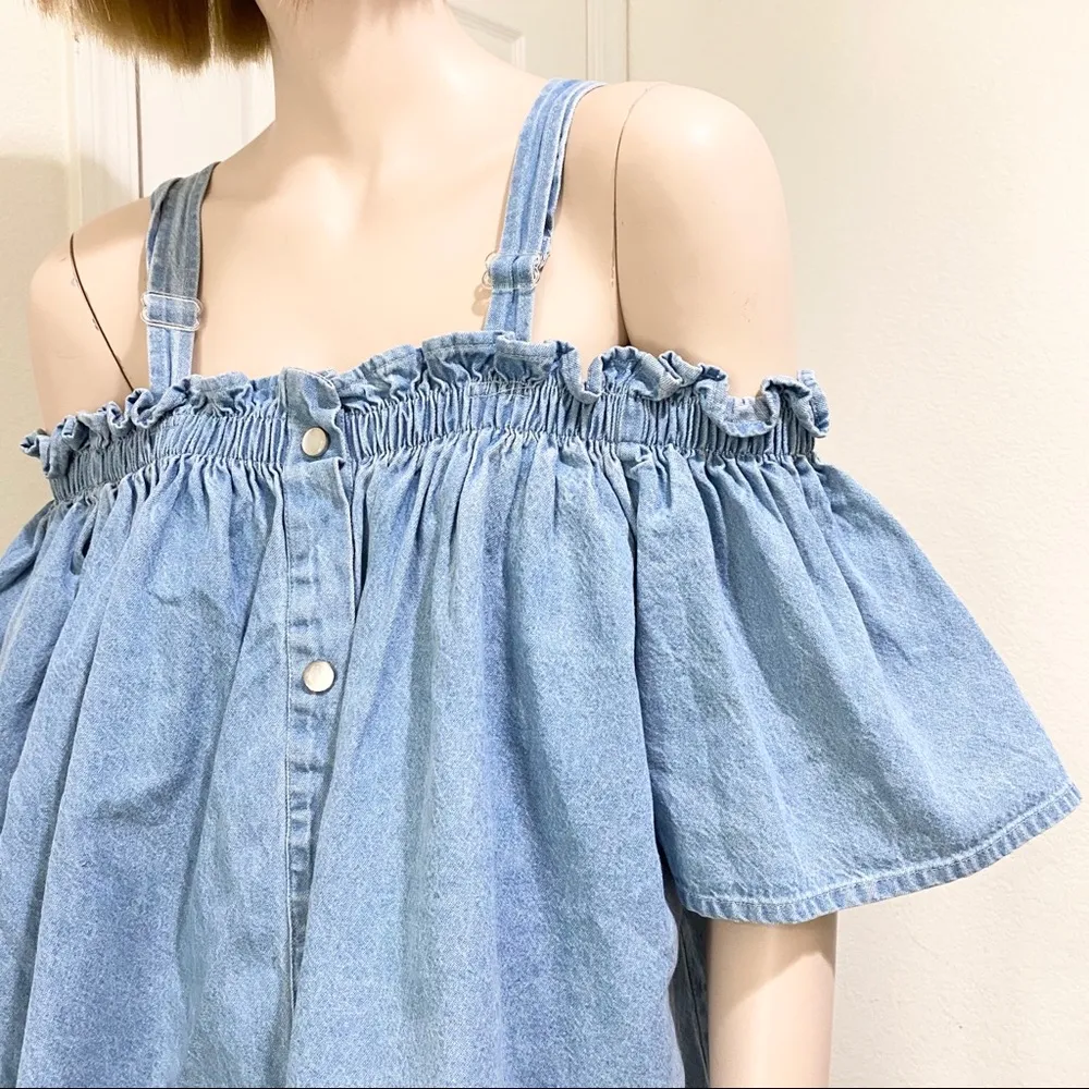 FTF Off Shoulder Cold Shoulder Denim Blouse - Image 4