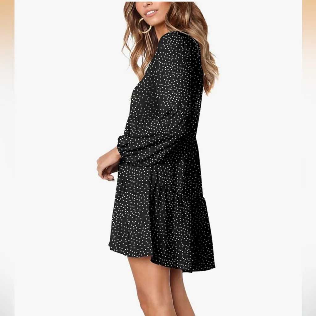 Amoretu Tunic Dress Polka Dot V Neck Casual Loose Flowy Swing Shift Dress Size L Black Size L - Image 2