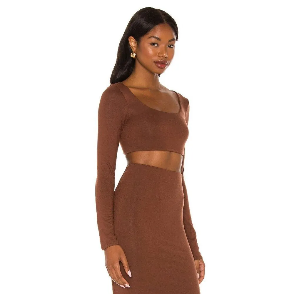 RE ONA Square Neck Crop Top in Chocolate Large New Womens Long Sleeve Blouse Brown - Image 3