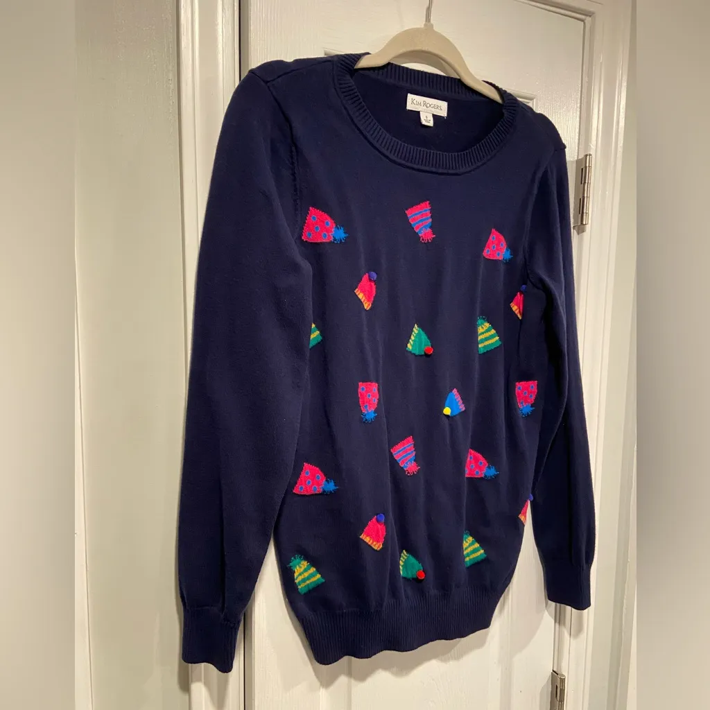 Kim Rogers Size S Navy Crew Neck Holiday Sweater Winter Hat Pom Pom Cotton - Image 3