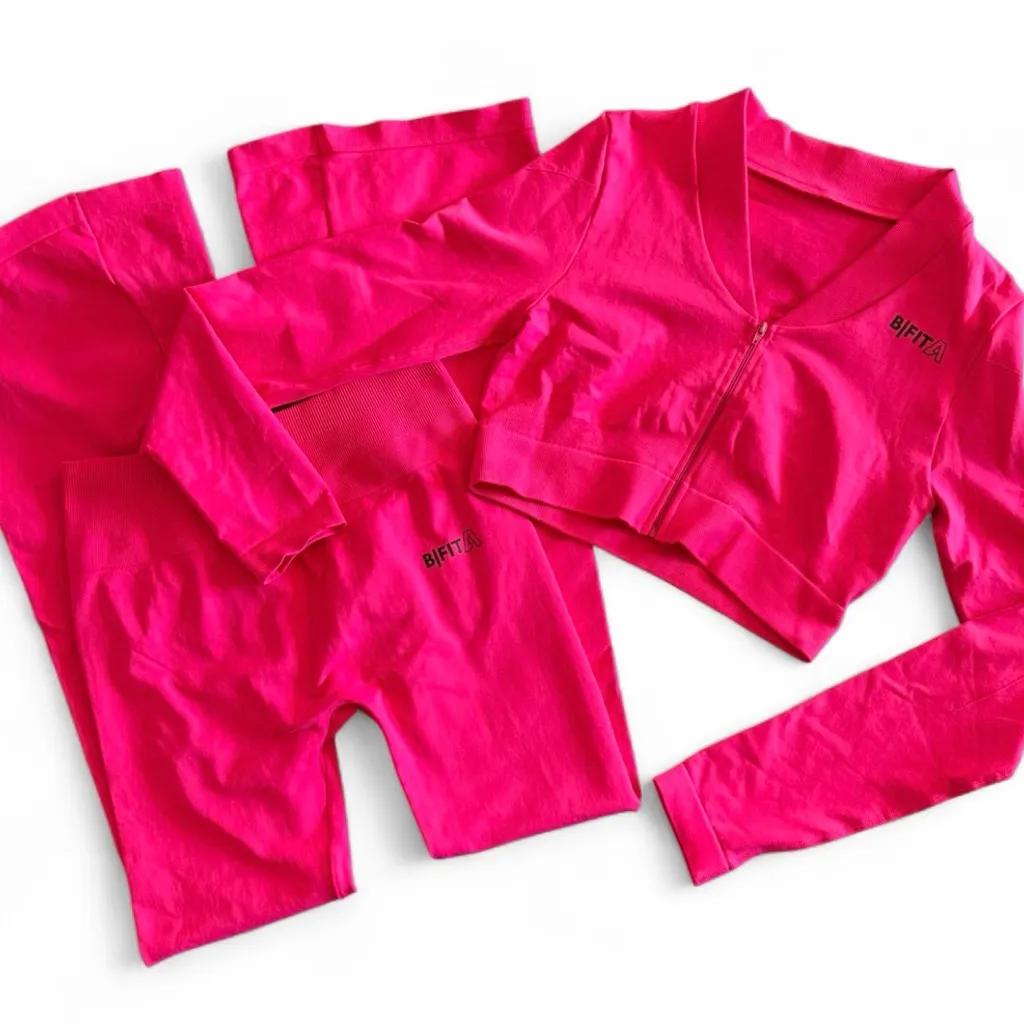 BiFita Hot Pink 2 Piece Cropped Jacket Bell Bottom Pants Workout Set Size undefined - Image 1