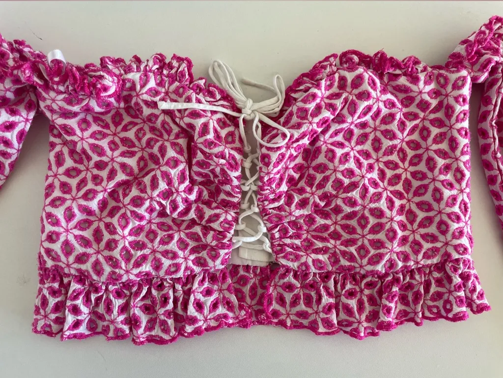 Bardot Pink and White Embroidered Top - Image 2