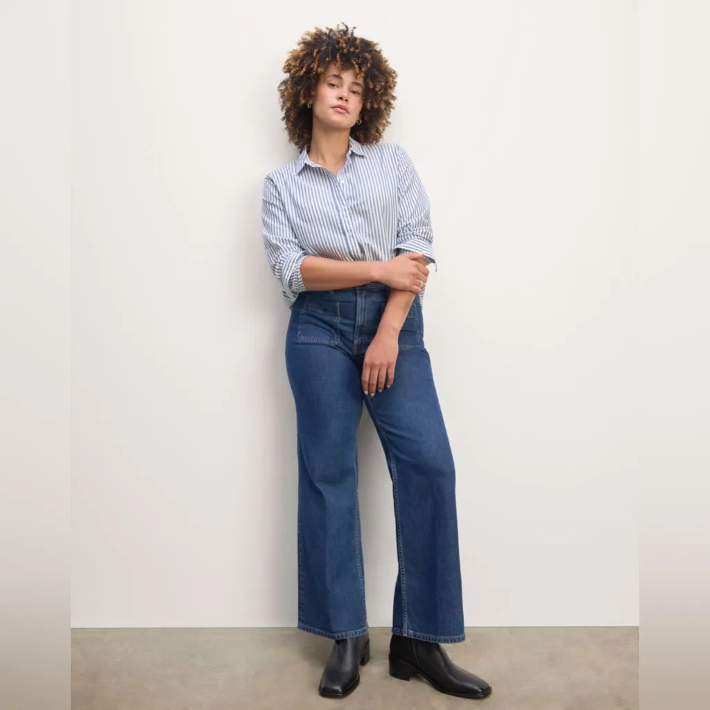 Everlane Shirt In Silky Cotton Blue/White Stripe XL(14-16)NWT Boxy Button Up - Image 3