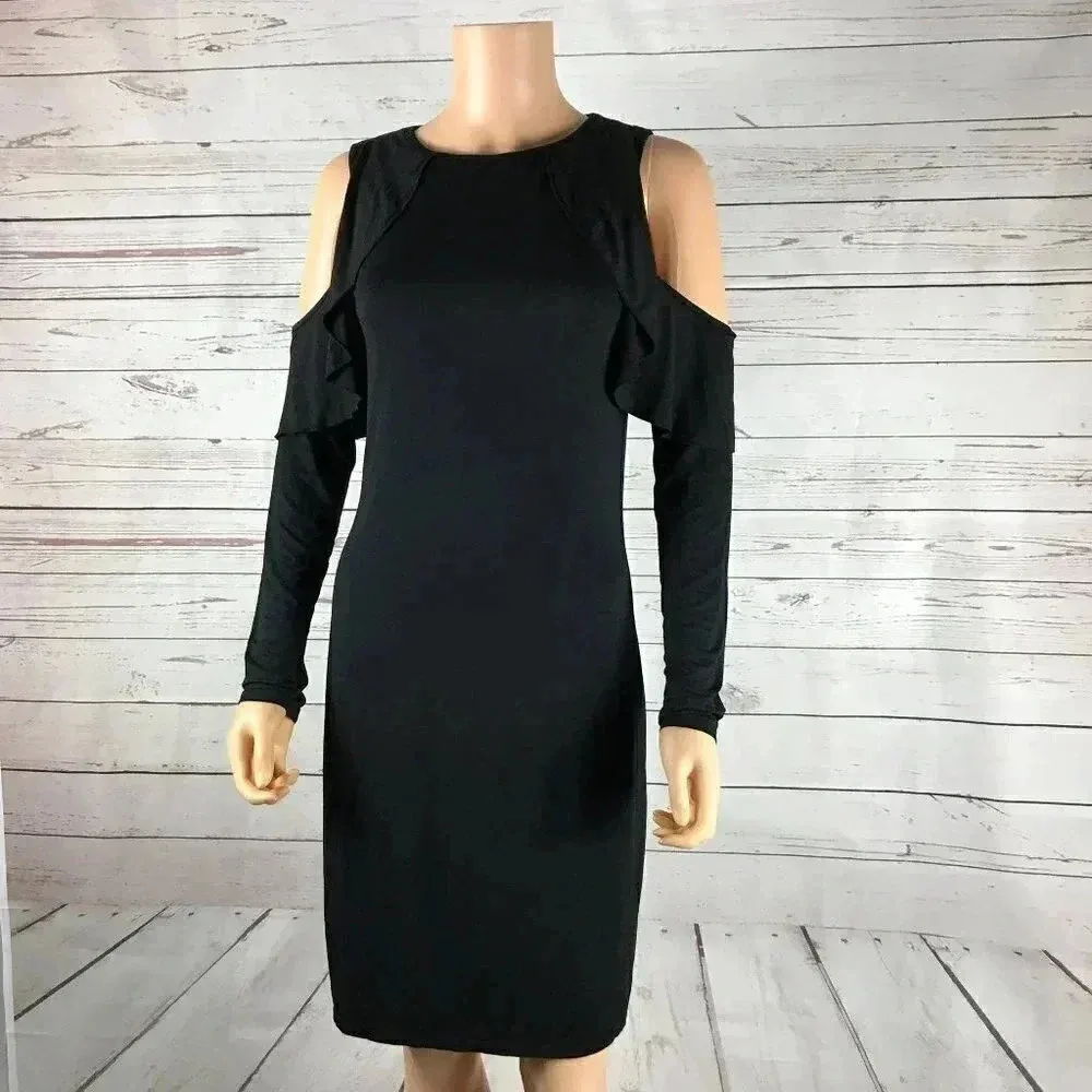 THREE DOTS Black Long Sleeve Cold Shoulder Sheath Dress SMALL - Image 3