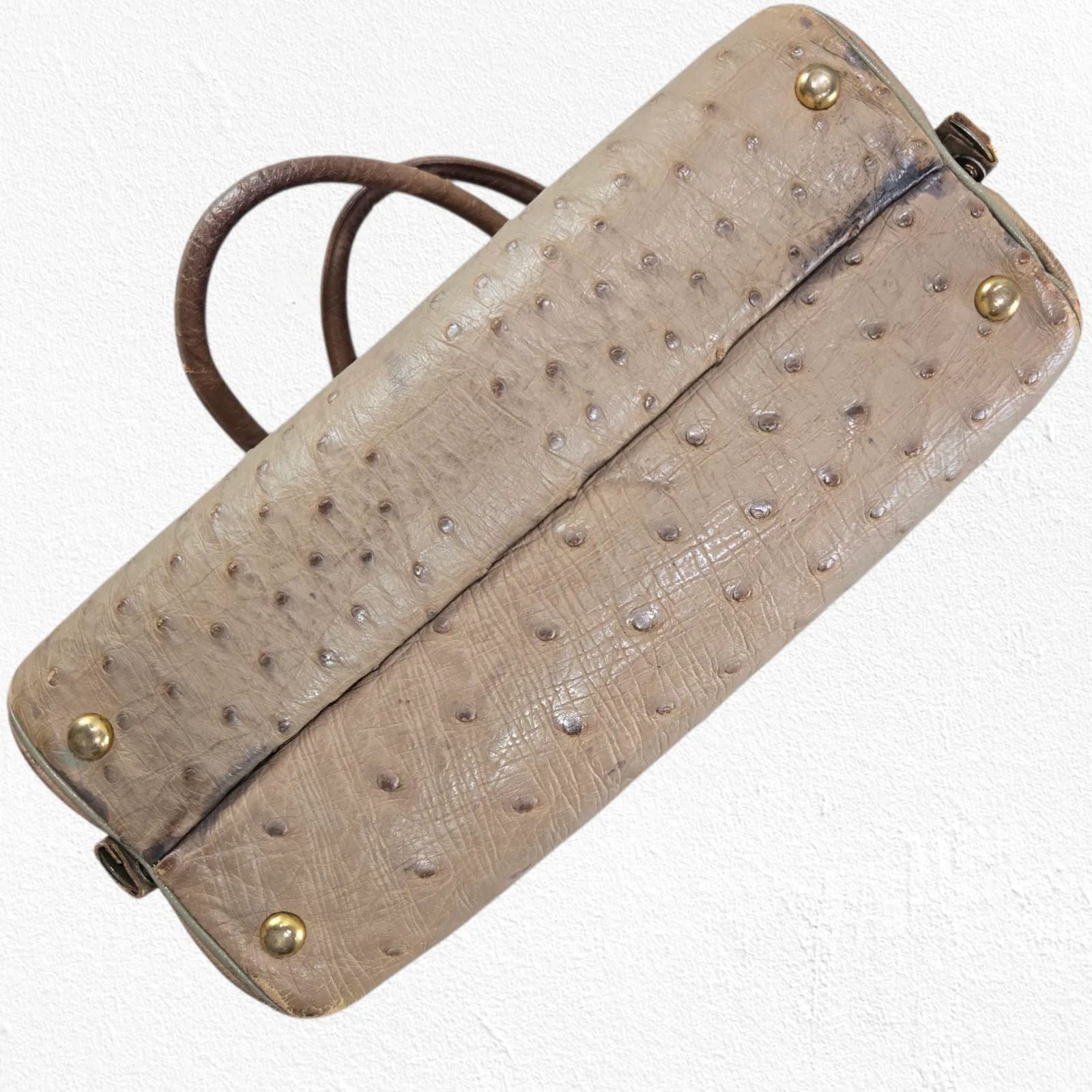 Vintage 50s Genuine Ostrich Leather Beige Top Handle Frame Bag with Coin Purse Tan - Image 5