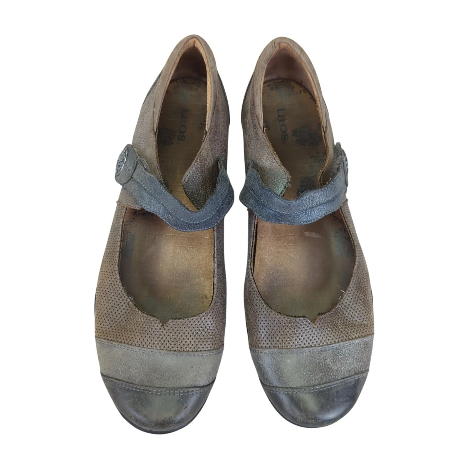 TAOS Bravo Mary Jane Shoes MJ Womens 11 EU 42 Leather Comfort Taupe Button Strap Gray - Image 4