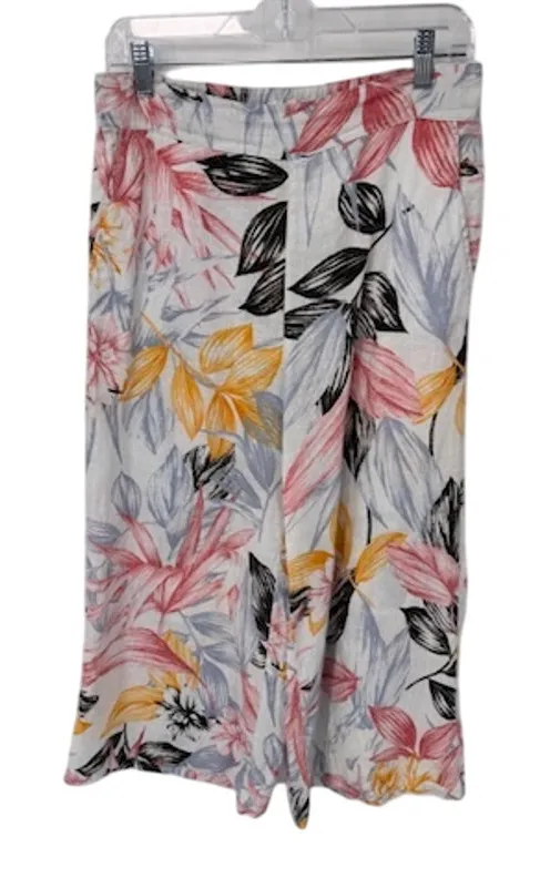 C&C California Tropical Beachy Pants Womens Medium White Linen Pockets Wide Le - Image 1