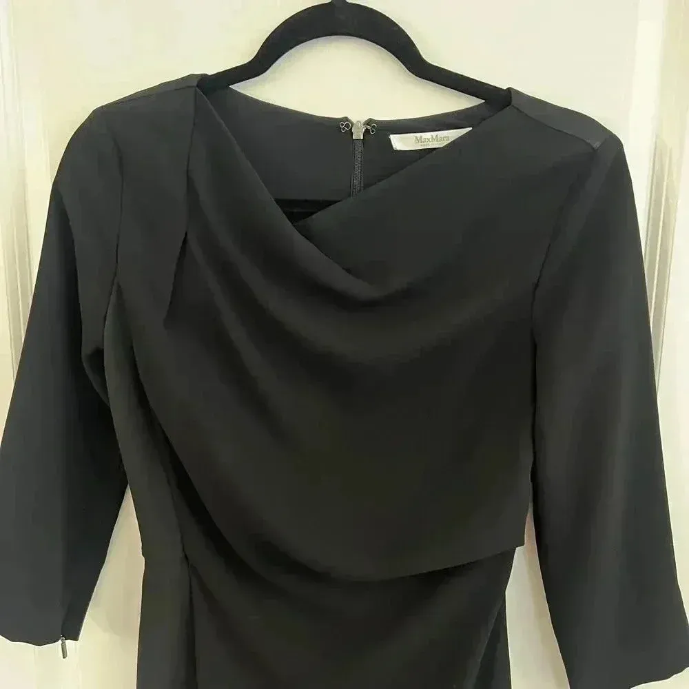 336 Max Mara Drapped Front Long Sleeve Dress Size 38 Color Black - Image 2