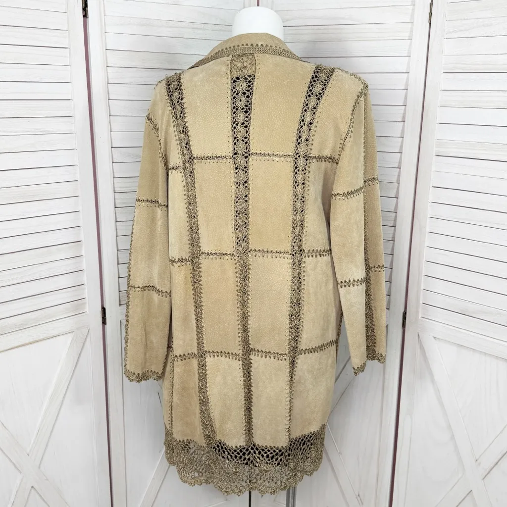 Vintage Hudson Place Suede Crochet Patchwork Duster Jacket Tan XL Western Boho‎ - Image 4