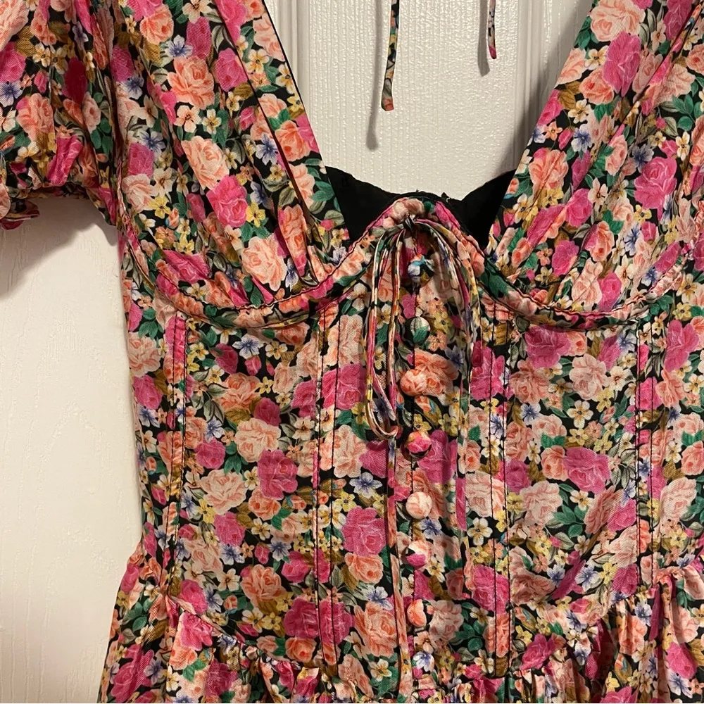 For Love & Lemons Paulina Mini Dress ASO Ariel Winter Pink Floral Puff Sleeve XS - Image 5