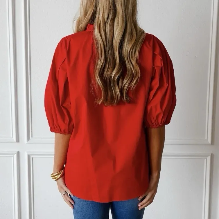 Caryn Lawn Anna V Neck Puff Sleeve Cotton Poplin Top Blouse One Size Scarlet Red - Image 2