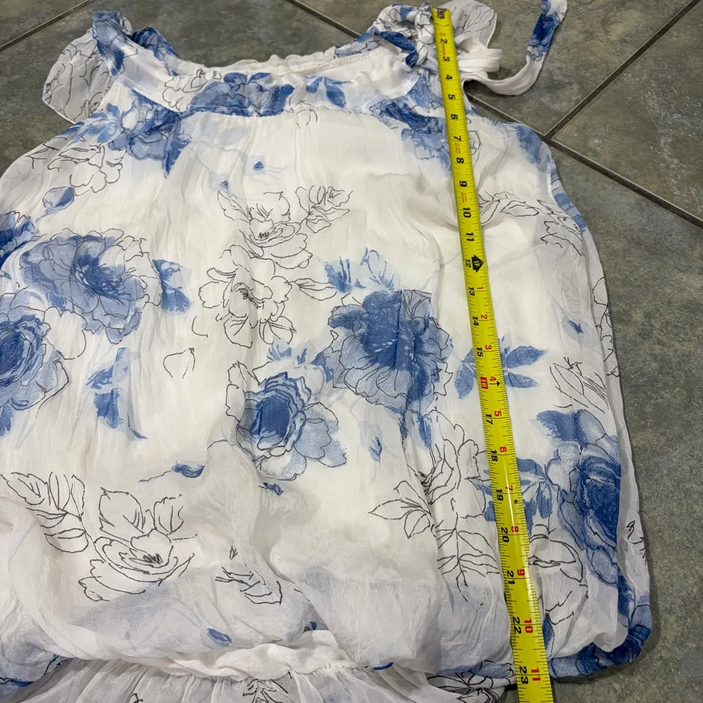 Guisy Made In Italy Top Sz S Women's White Blue Floral Silk Lined Cottagecore - Image 10
