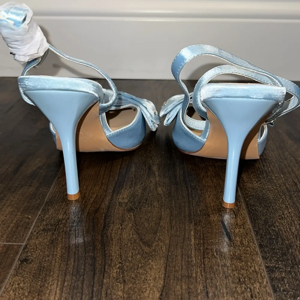 NWOT Lulus Light Blue Satin Rhinestone Bow Stiletto Heels - Image 3