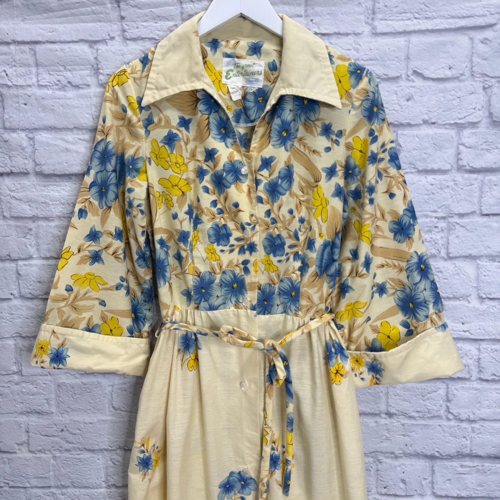 Vintage The Great Entertainers Sears Dress 70s Floral Belt Beige Size S Button Yellow - Image 3