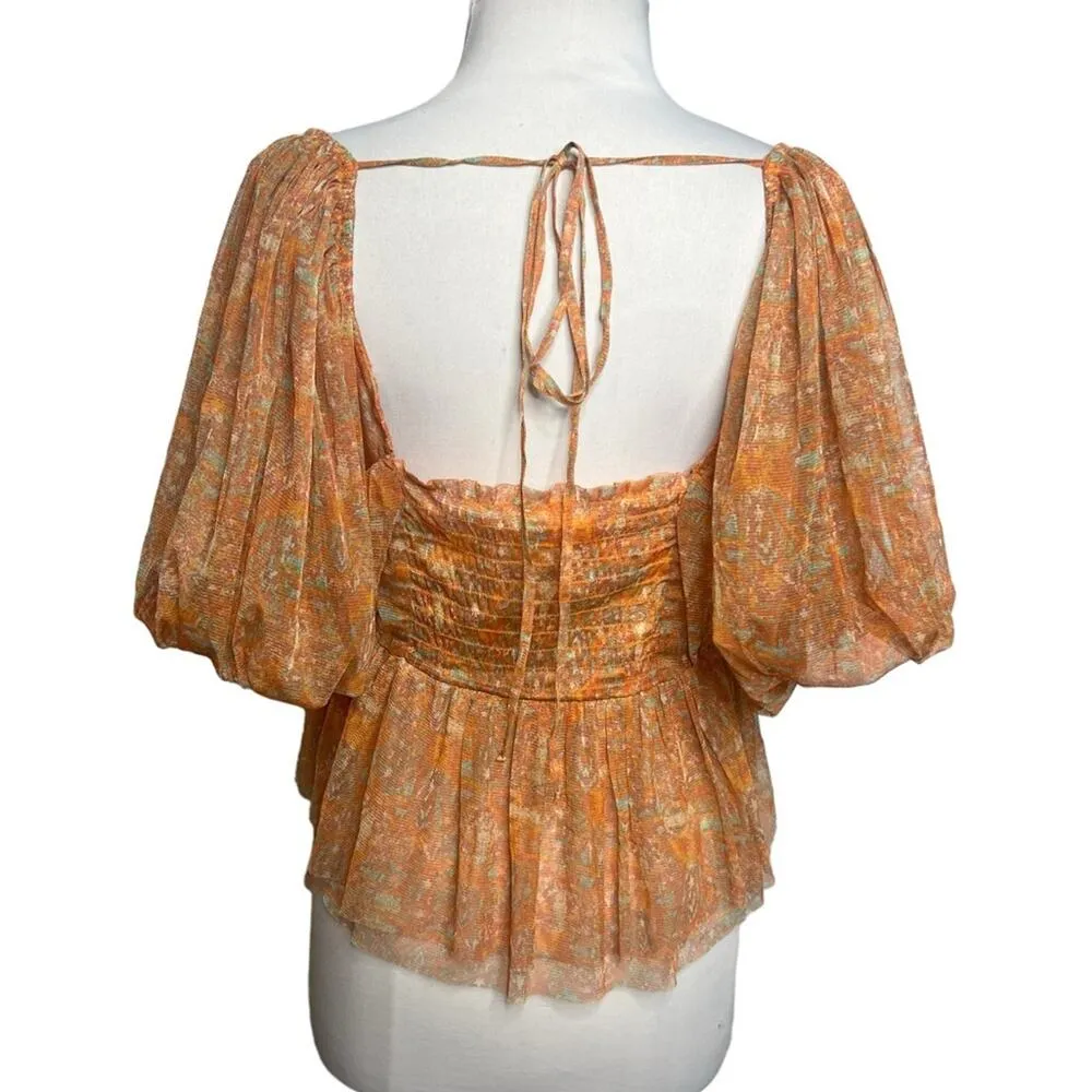 Free People Penelope Printed Smocked Peplum Top Orange Size L - Image 3