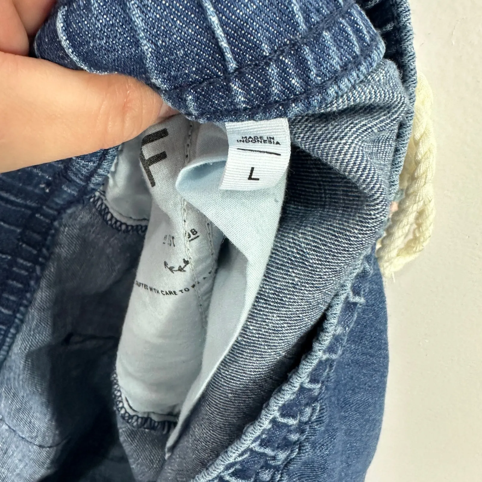 LOFT Denim Pull On Shorts Large Blue Raw Hem Rope Belt Coastal Resort Beachy - Image 6