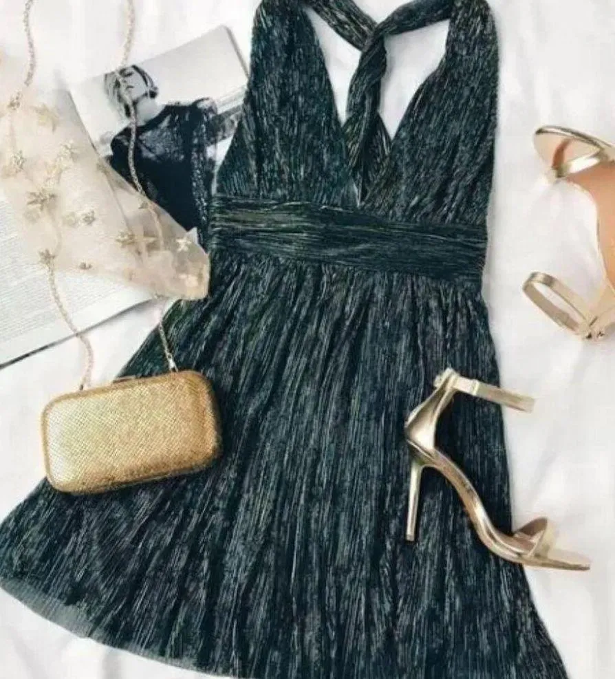 121. LULU'S Ailey Metallic Stripe Twist Back Cocktail Dress in Gold/ Teal - Image 5